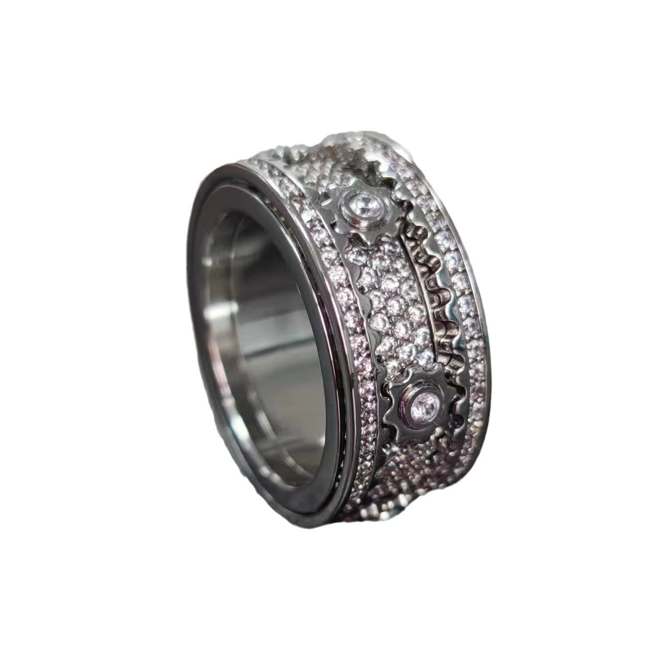 Metal round burst full star rotatable gear ring turning CNC full diamond inlay mechanical feeling
