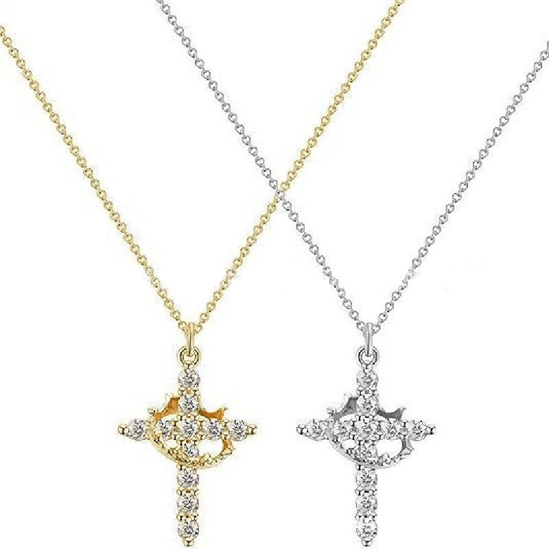 Simple Crown and Cross Pendant Collar Necklace