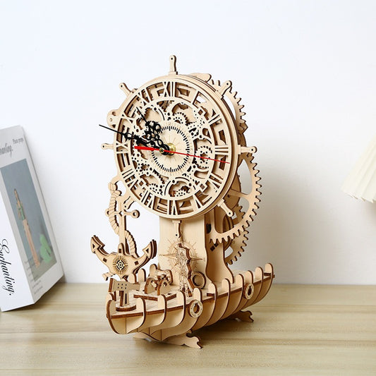 Pirate ship clock 3D three-dimensional puzzle wooden toys puzzle children's toys DIY creative holiday gifts