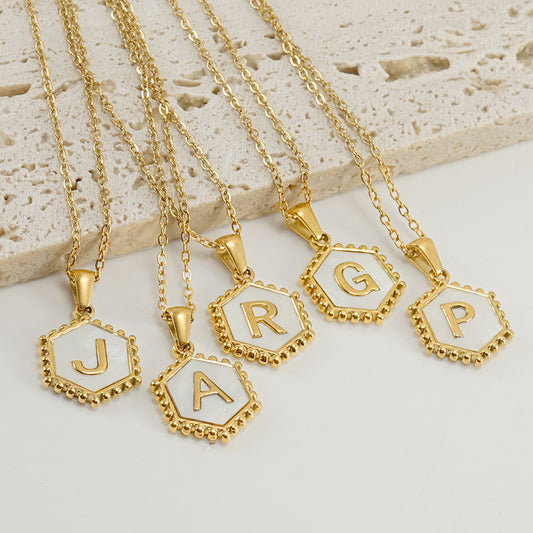 Stainless Steel 18K Hexagonal Shell Alphabet Necklace Fashion Titanium Steel 26 Capital Letters Pendant