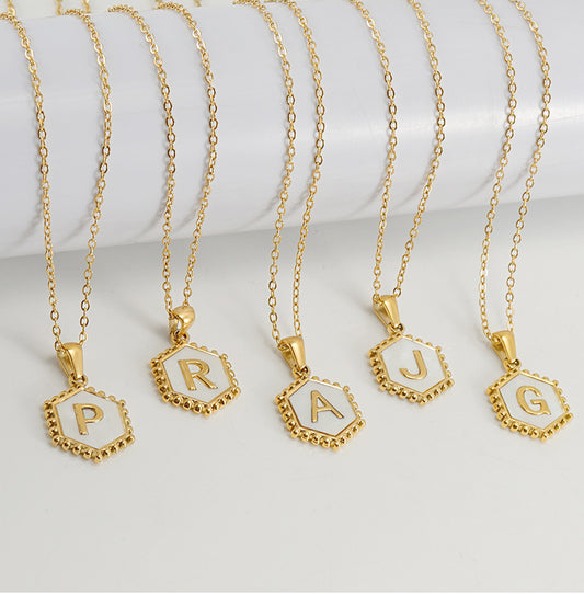 Stainless Steel 18K Hexagonal Shell Alphabet Necklace Fashion Titanium Steel 26 Capital Letters Pendant