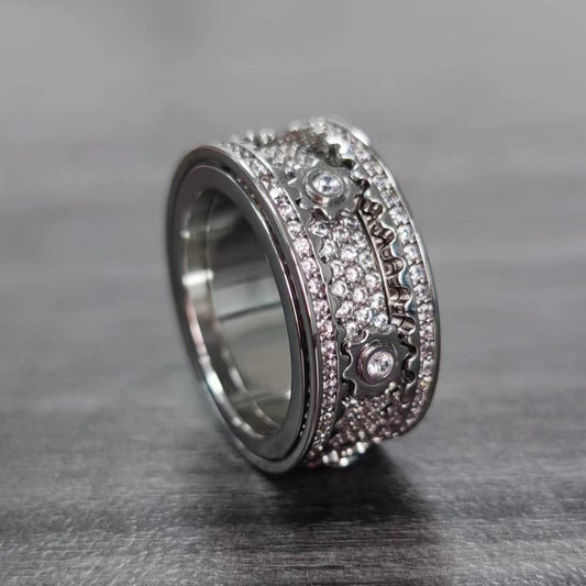 Metal round burst full star rotatable gear ring turning CNC full diamond inlay mechanical feeling