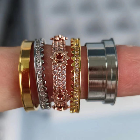 Metal round burst full star rotatable gear ring turning CNC full diamond inlay mechanical feeling